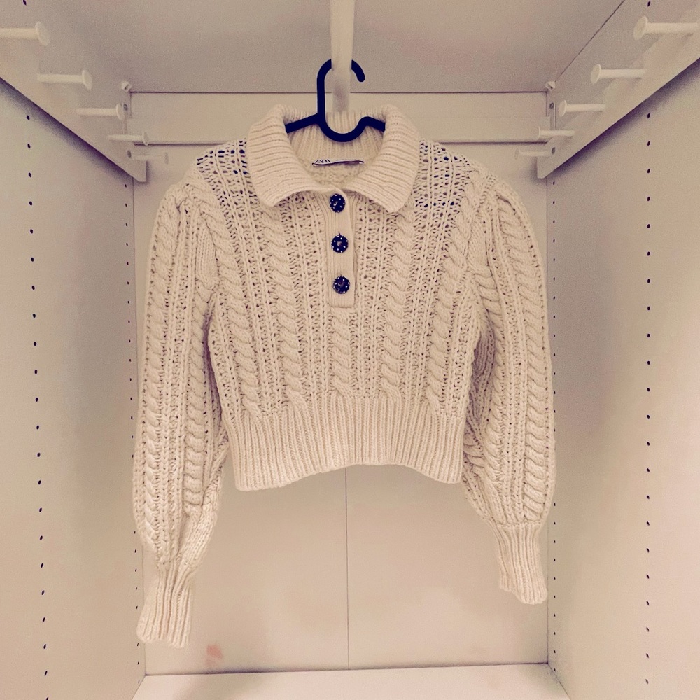 Zara Collar Ornate Button Up Crocheted Crop Top Sweater
